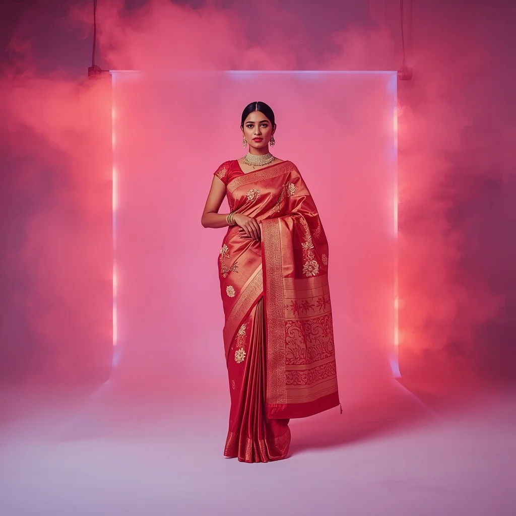 Full Body Symmetrical Saree Pose in Neon Dream Mist Studio | Fitness Model Ai Prompt
