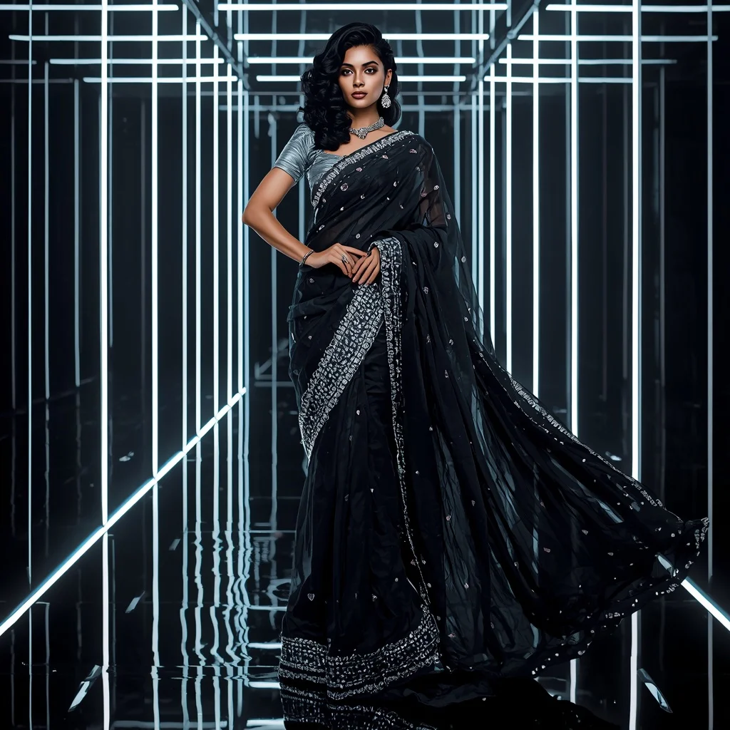 Futuristic Black Diamond Saree with Fierce Editorial Spiral Curl and Neon Reflection Hall Background | New Instagram Trend Prompt For Girl Attitude