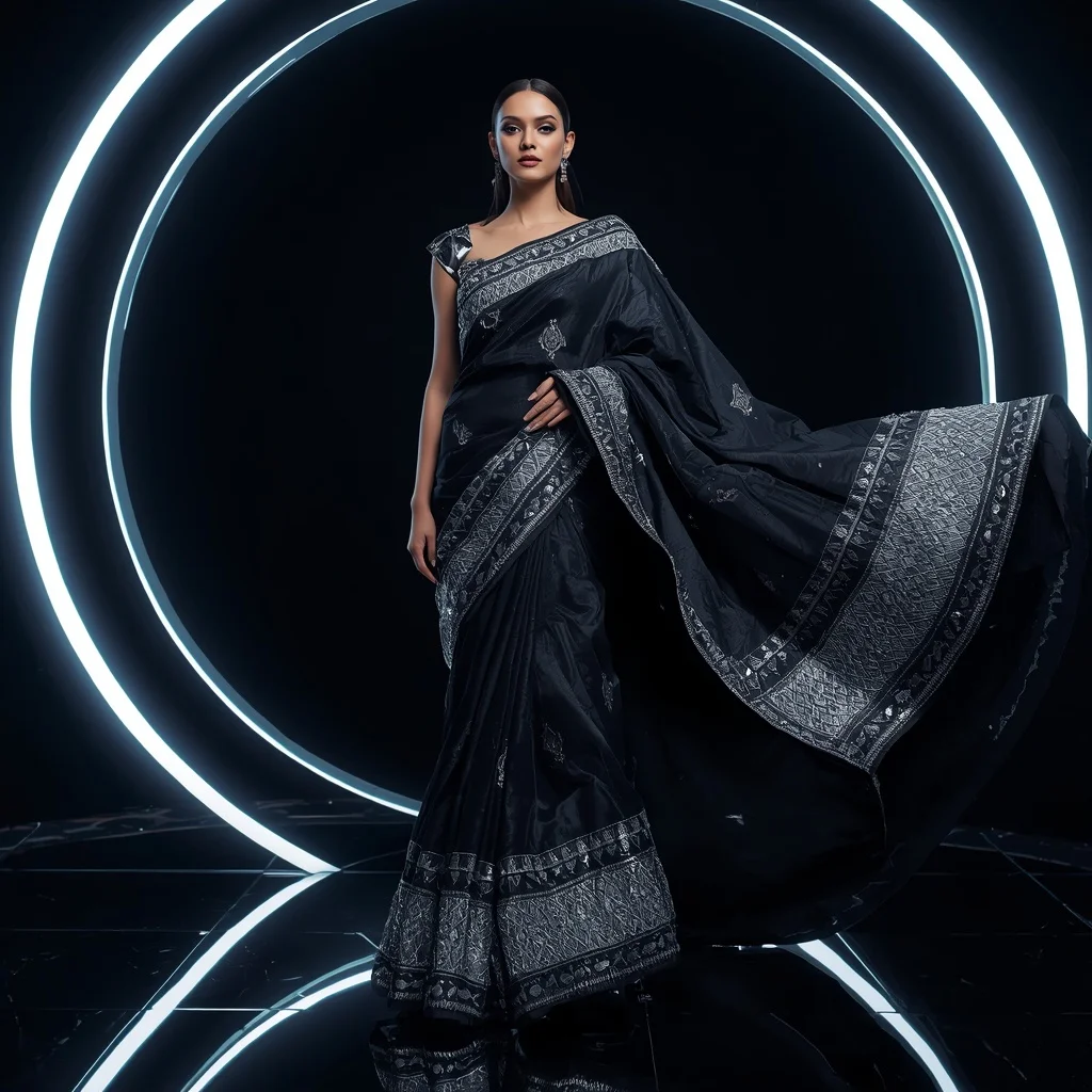 Futuristic Black Mirror Saree with Fierce Editorial Spiral Air Walk and Neon Reflection Ring Background | Prompt For Gemini AI Girl Model