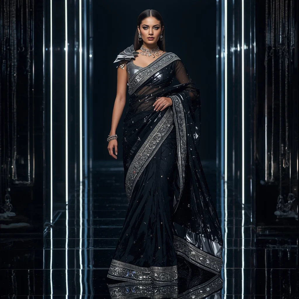 Futuristic Black Mirror Saree with Fierce Editorial Spiral Walk and Neon Reflection Palace Background | Prompt Chatgpt
