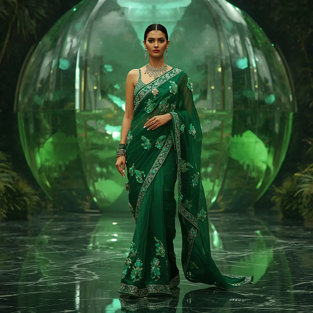 Futuristic Emerald Jungle Saree with Elegant Marble Editorial Walk and Floating Reflection Dome Background | Prompt Seen Girl Photo Editing Chatgpt Download