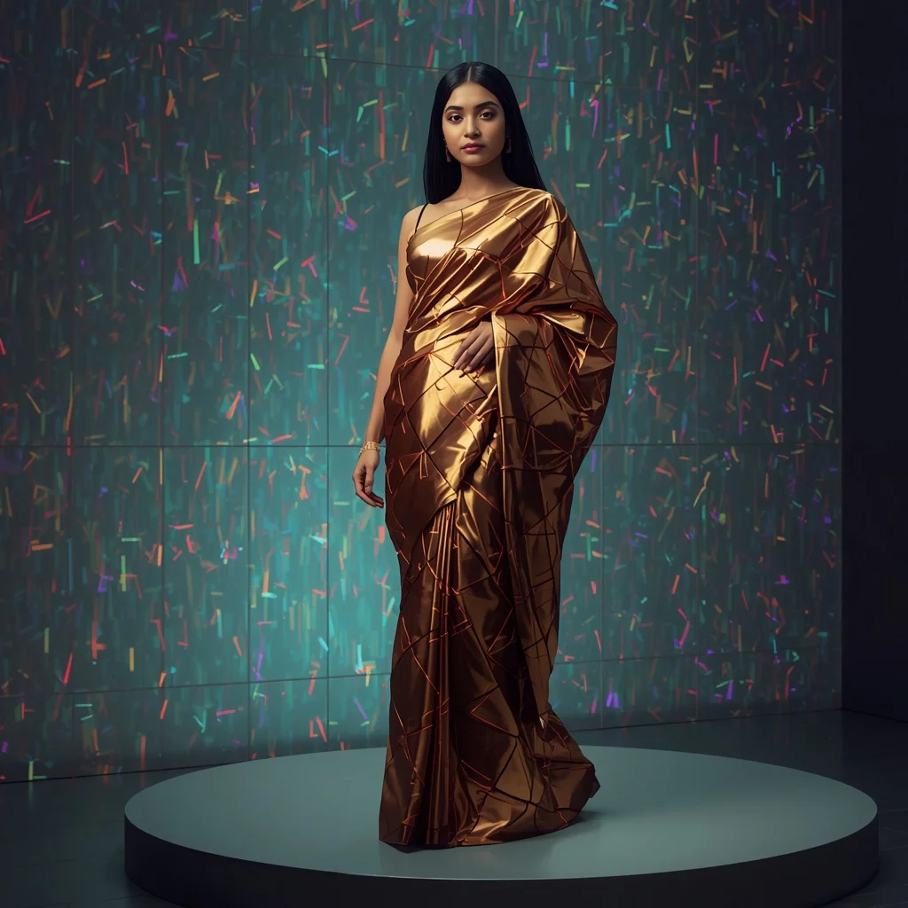 Futuristic Liquid Gold and Copper Geometric Paneled Saree | Chatgpt Prompt