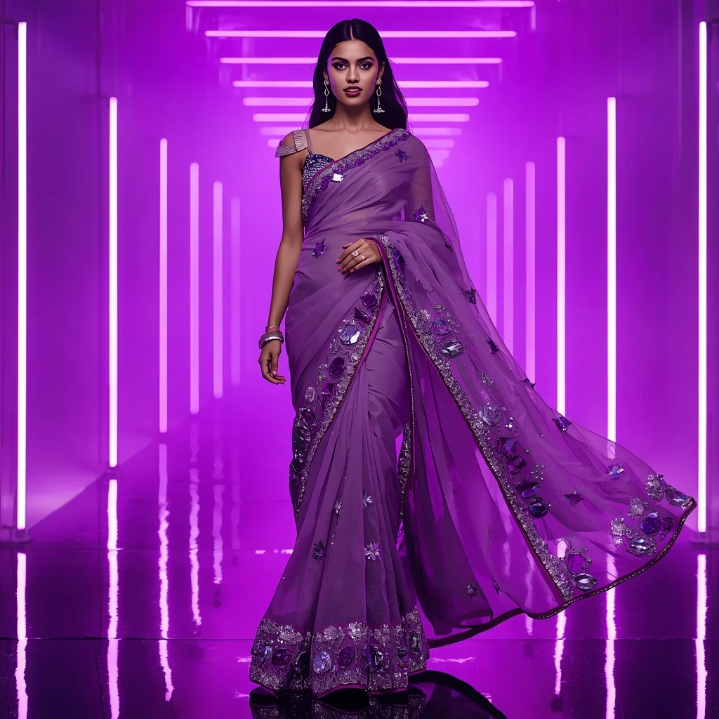 Futuristic Violet Aurora Saree with Dramatic Editorial Curl Walk and Neon Reflection Tunnel Background | Leonardo Ai Image Prompt