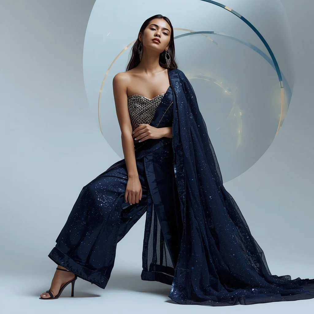 Galactic Navy and Metallic Mesh Saree with Arc Lights | Bridal Ai Prompt