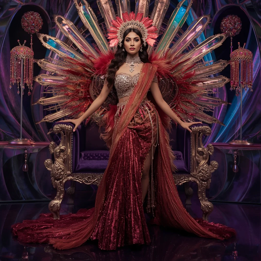 Garnet Eclipse Crown Saree with Prism Ribbon Sovereign Velvet Galaxy Throne | Gemini Ai Prompt