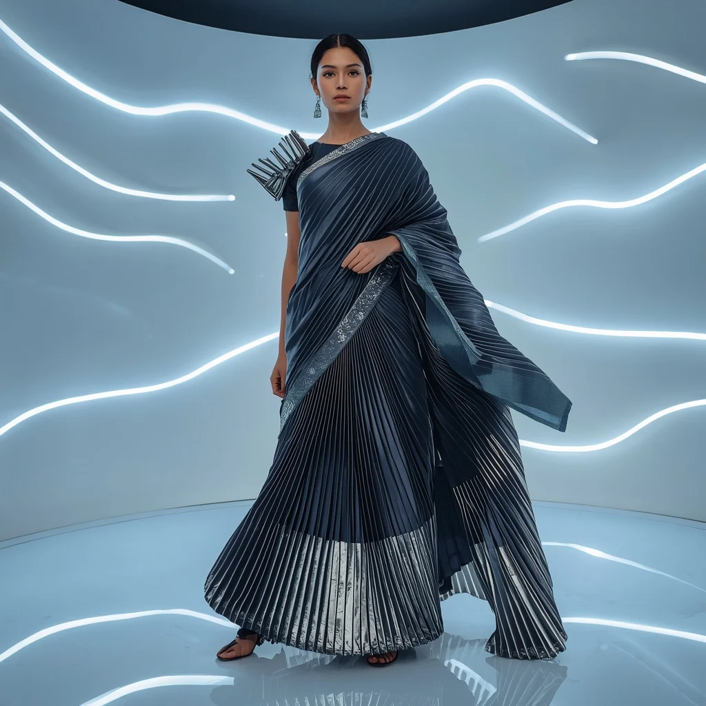 Geometric Kinetic Plissé Saree with Floating LED Wave Chamber | Secret Ai Prompt