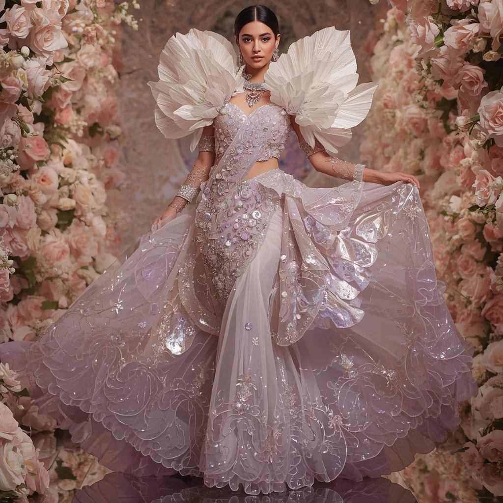 Giant Crystal Anemone Bloom Saree with Royal Floral Sanctuary | Midjourney Prompt List