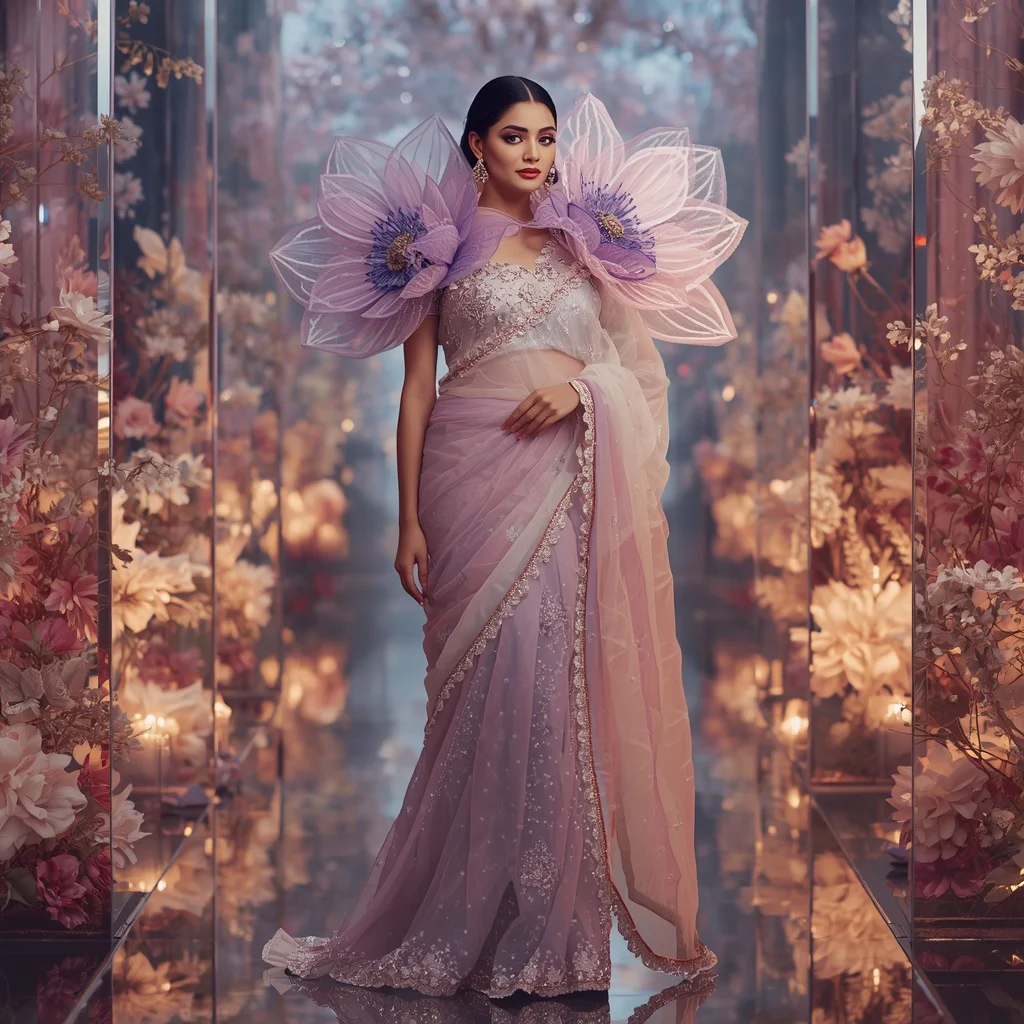 Giant Crystal Anemone Bloom Saree with Royal Floral Sanctuary | Prompt Seen Girl Photo Editing Trending