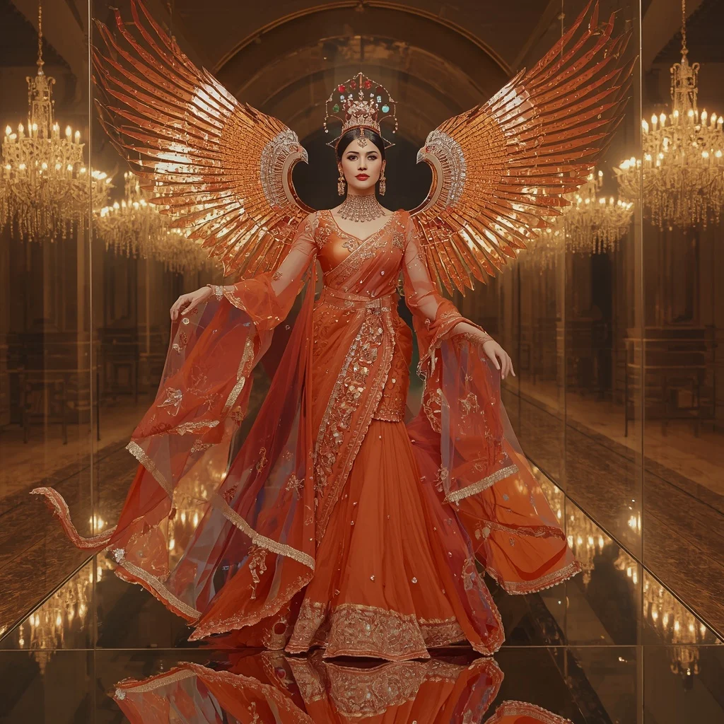 Giant Crystal Firebird Palace Saree with Reflection Kingdom Fortress | Trending Prompt Girls