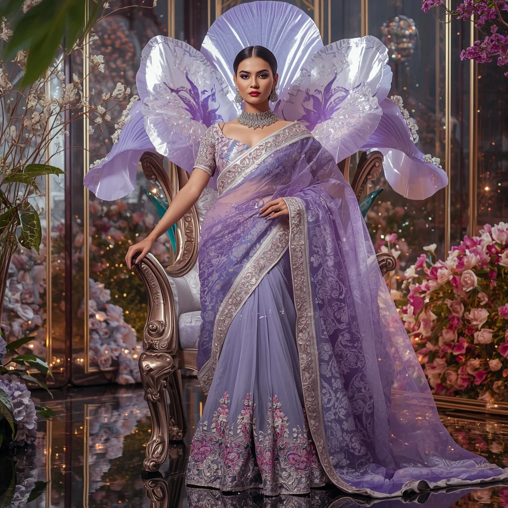 Giant Crystal Iris Throne Saree with Blooming Celestial Garden | Prompt For Gemini AI Girl Model