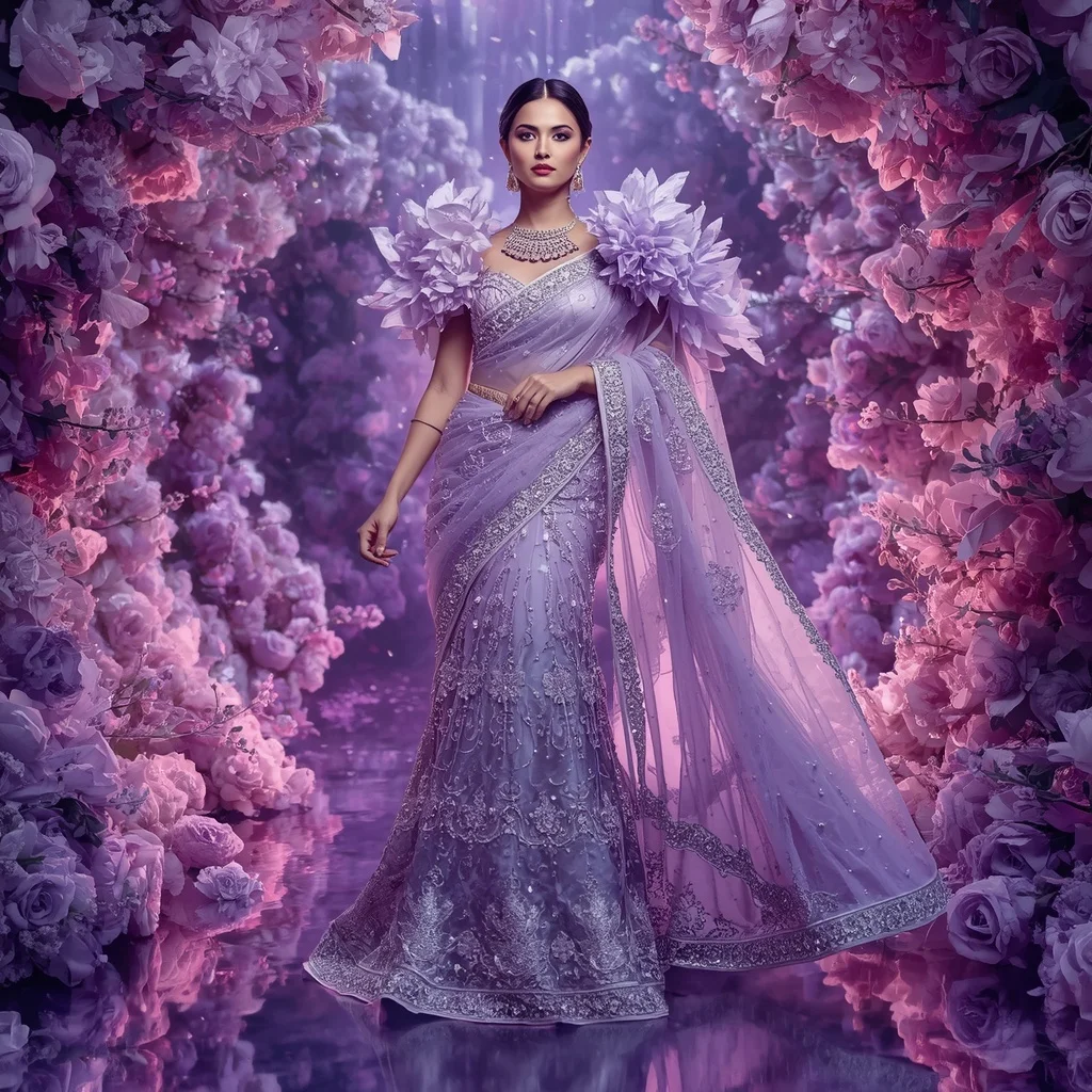 Giant Crystal Lavender Castle Saree with Blooming Royal Paradise | Hd Image Prompt