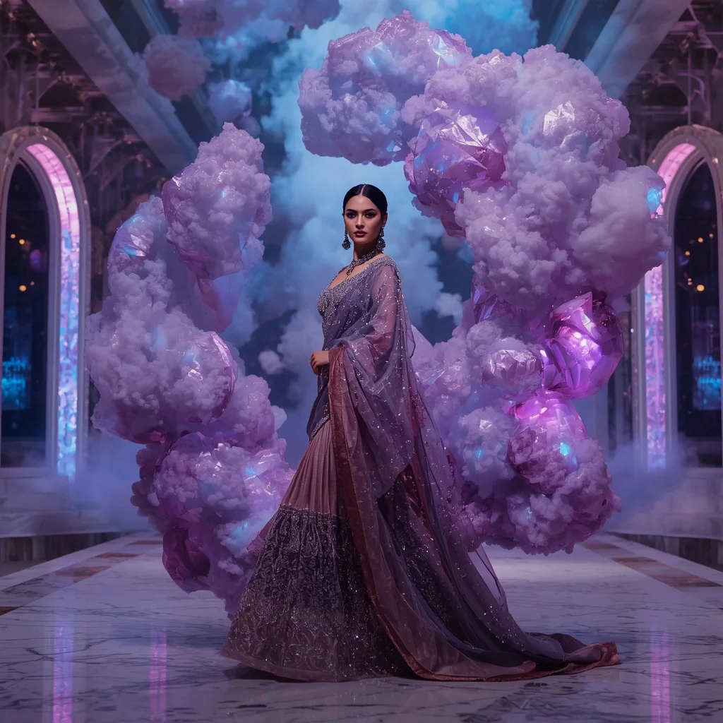 Giant Crystal Nebula Saree with Floating Cosmic Cloud Palace | Sora Ai Prompt