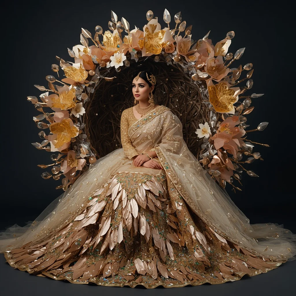 Giant Crystal Nest Saree with Floating Golden Bird Kingdom | Saree Ai Prompt