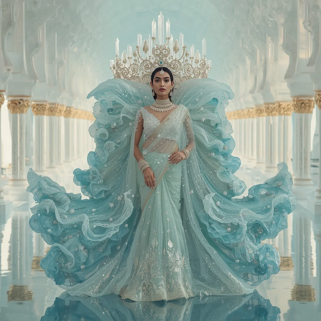Giant Crystal Ocean Crown Saree with White Water Palace | New Instagram Trend Prompt For Girl