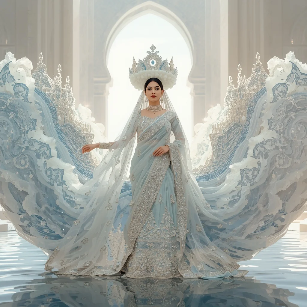 Giant Crystal Ocean Temple Crown Saree with White Water Fortress | Ai Prompt For Reels