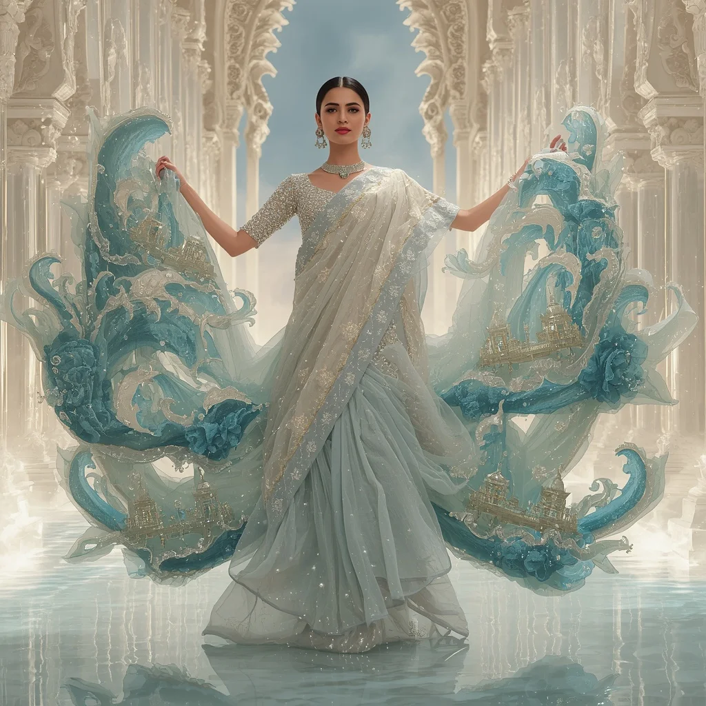 Giant Crystal Ocean Temple Saree with White Water Kingdom | Attitude Ai Prompt