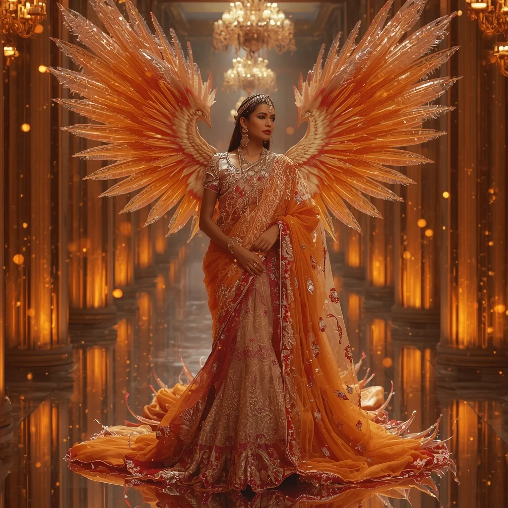 Giant Crystal Phoenix Cathedral Saree with Fire Reflection Kingdom | Banana Prompts Girls