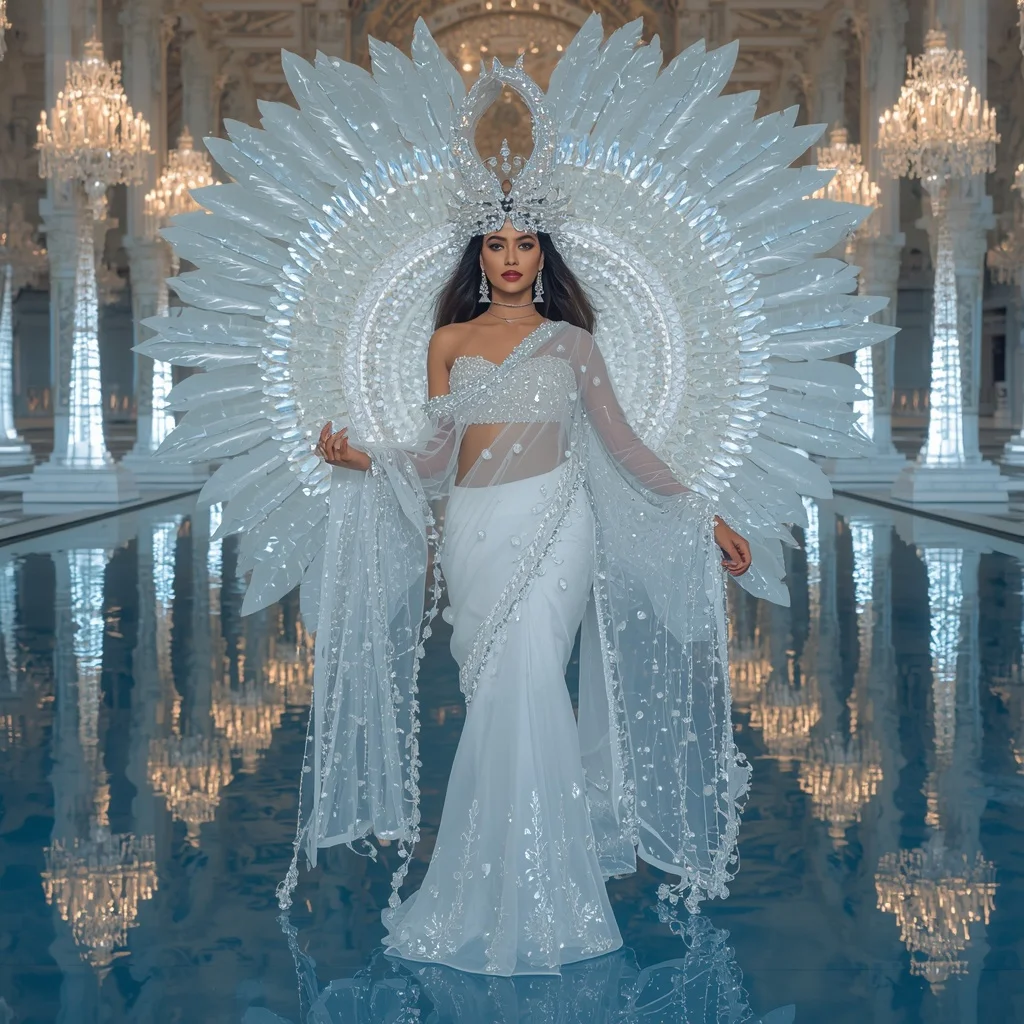 Giant Crystal Swan Palace Saree with Reflection Water Citadel | Free Ai Prompt