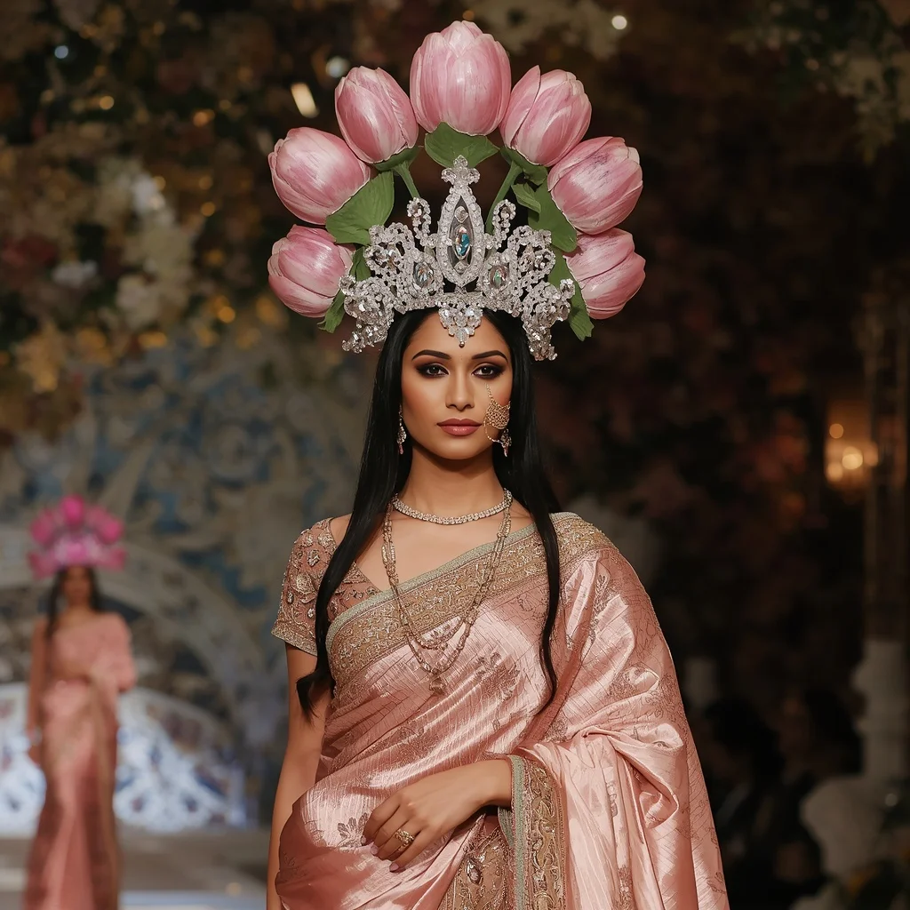 Giant Crystal Tulip Crown Saree with Luxury Floral Dome | Girl Photo Prompt Gemini