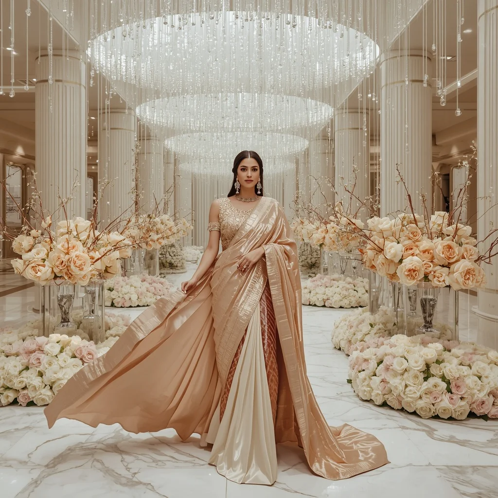 Giant Crystal Water Curtain Saree with White Floral Atrium | Grok Ai Prompt