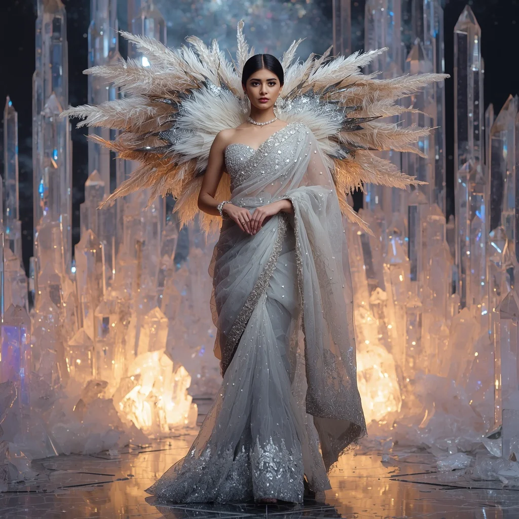 Giant Feather Diamond Galaxy Saree with Celestial Crystal Kingdom | Grok Ai Prompt