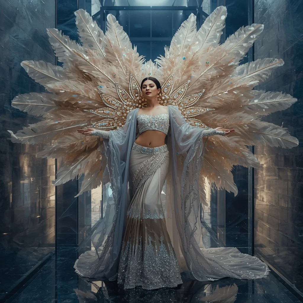 Giant Feather Solar Galaxy Saree with Celestial Diamond Fortress | Trending Prompt Girls Traditional