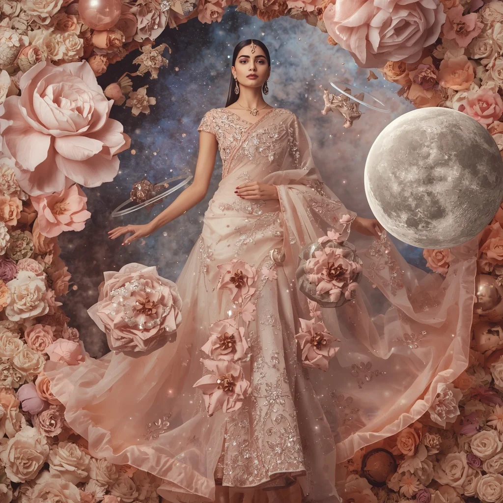 Giant Floating Camellia Moon Saree with Floral Galaxy Kingdom | Whatsapp Dp Ai Prompt