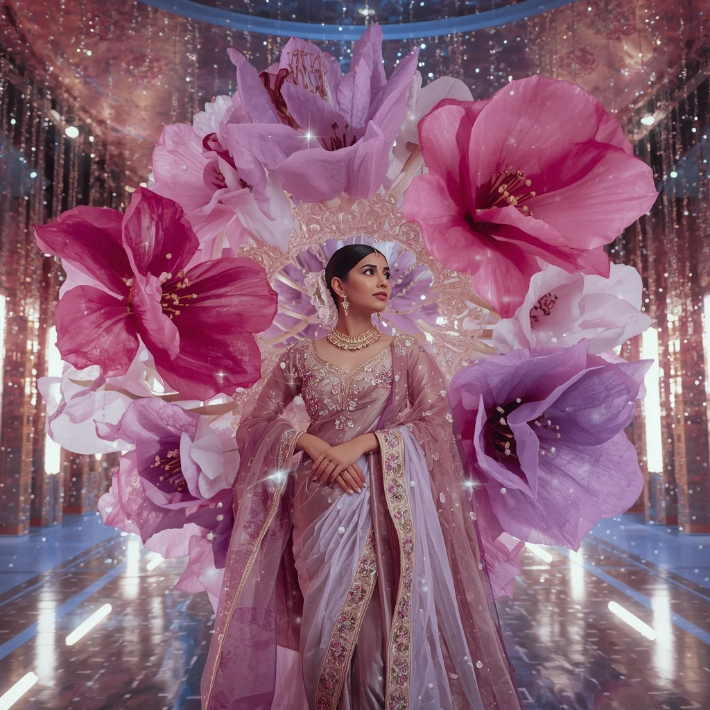 Giant Floating Cosmos Flower Saree with Celestial Galaxy Palace | Art Ai Prompt