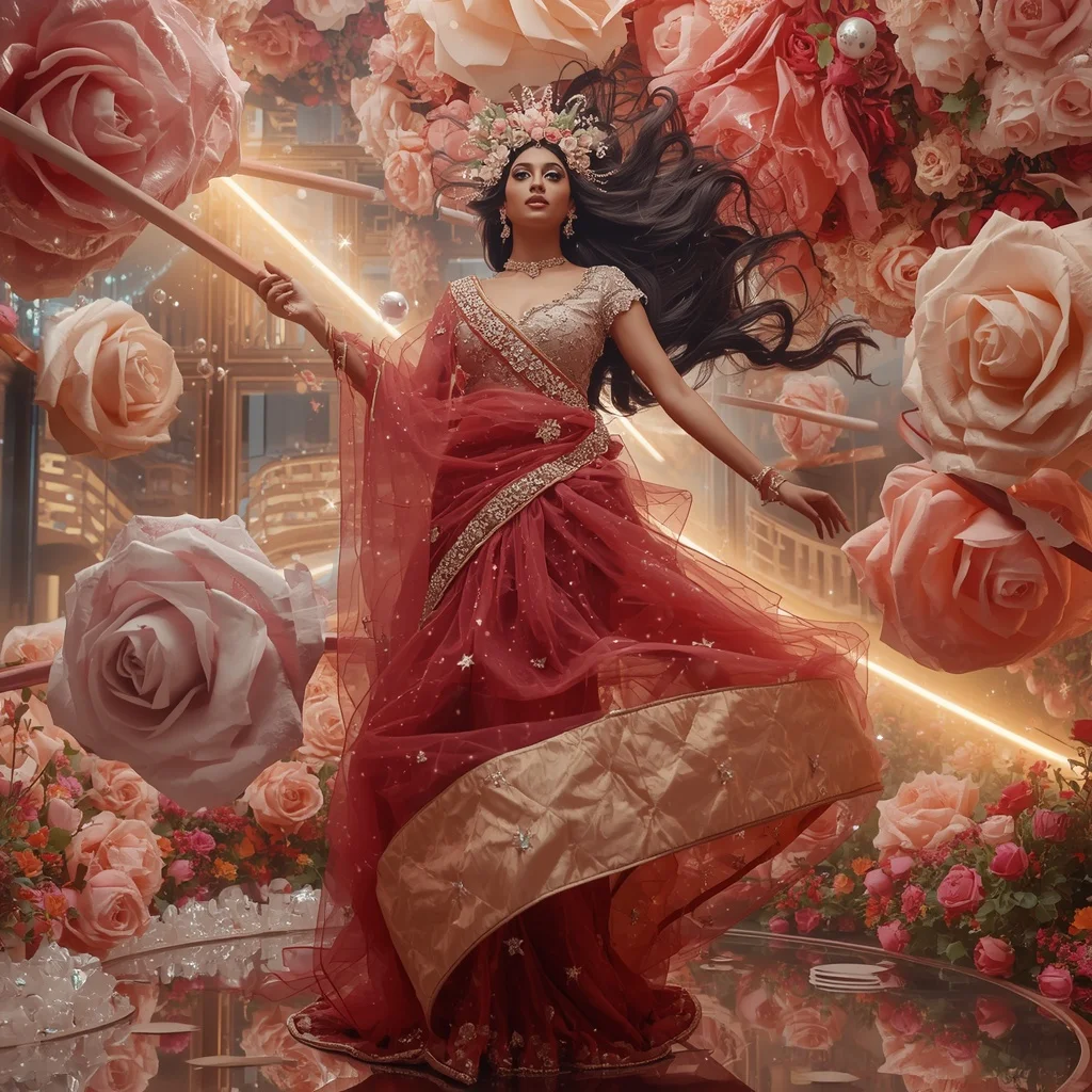 Giant Floating Rose Nebula Saree with Floral Universe Palace | Prompt For Gemini AI Girl Style Trending Indian