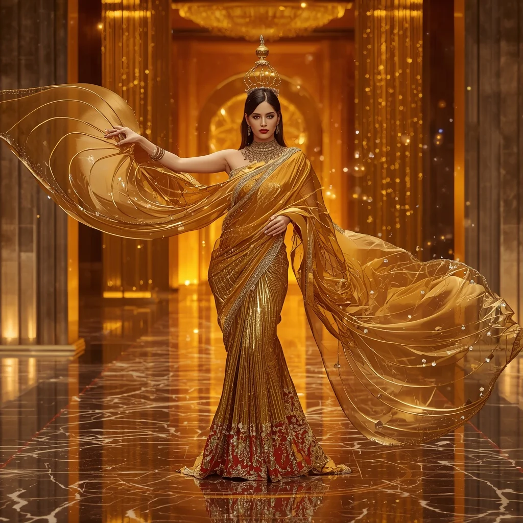 Giant Golden Galaxy Flame Orb Saree with Futuristic Royal Temple | South Indian Girl Ai Prompt