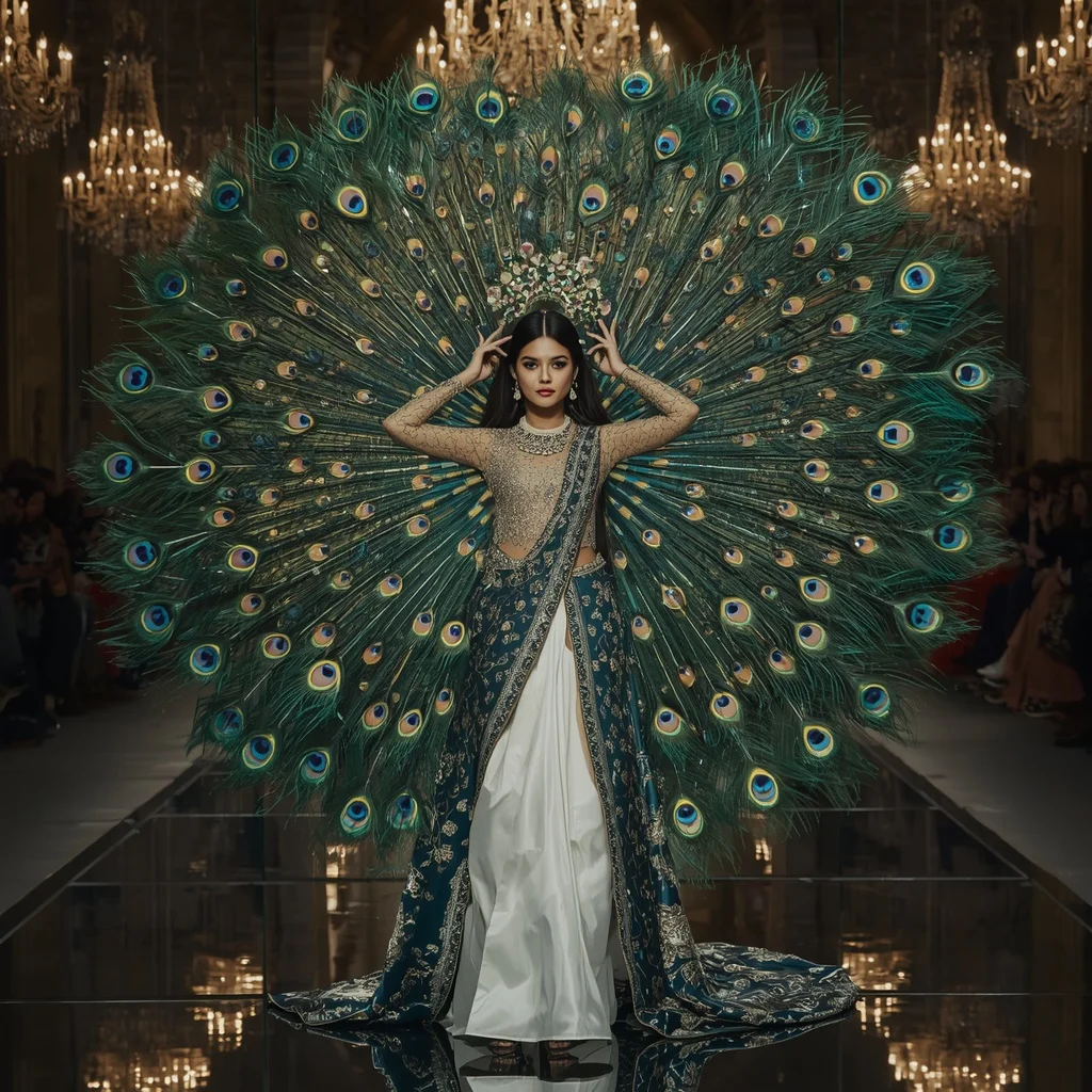 Giant Jewel Peacock Halo Saree with Maharani Reflection Cathedral | Prompt For Gemini Ai Saree Look Couple