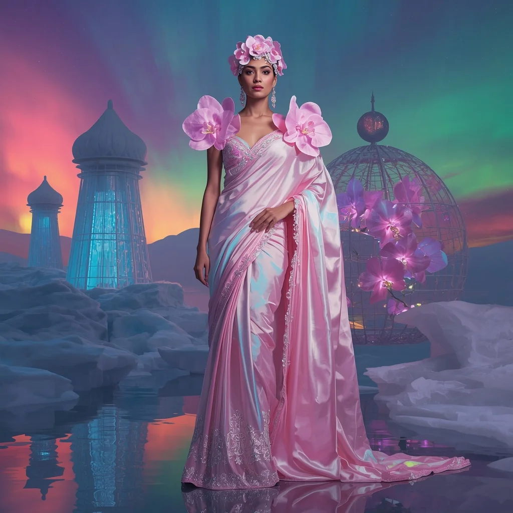 Giant Luxury Crystal Aurora Orchid Palace Saree with Polar Floral Kingdom | Lighting Ai Prompt