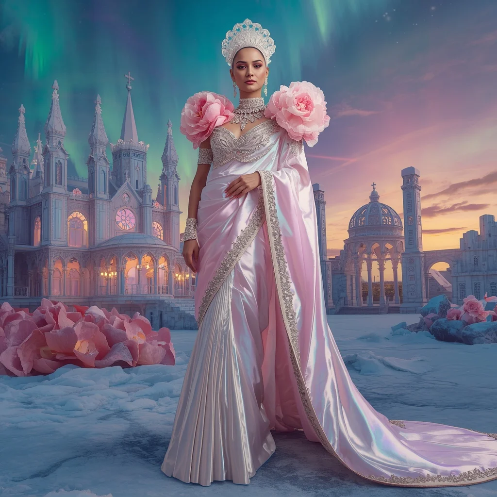 Giant Luxury Crystal Aurora Peony Cathedral Saree with Polar Floral Dynasty | Saree Girl Ai Prompt