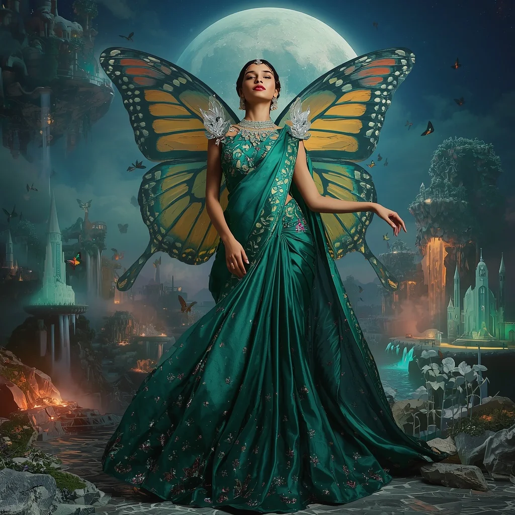 Giant Luxury Crystal Butterfly Moon Palace Saree with Floating Paradise Capital | Female Model Ai Prompt