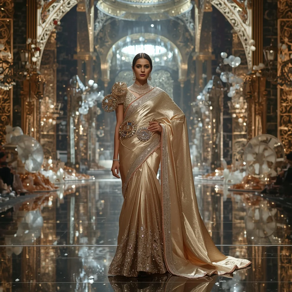Giant Luxury Crystal Clockwork Palace Saree with Mechanical Fantasy Empire | Youtube Thumbnail Ai Prompt