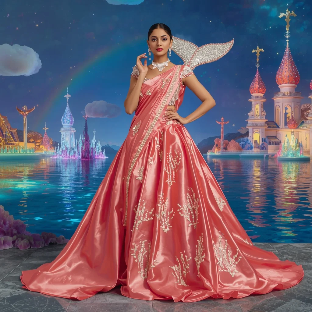 Giant Luxury Crystal Coral Whale Palace Saree with Rainbow Ocean Kingdom | ChatGPT Photo Editing Prompts For Girl