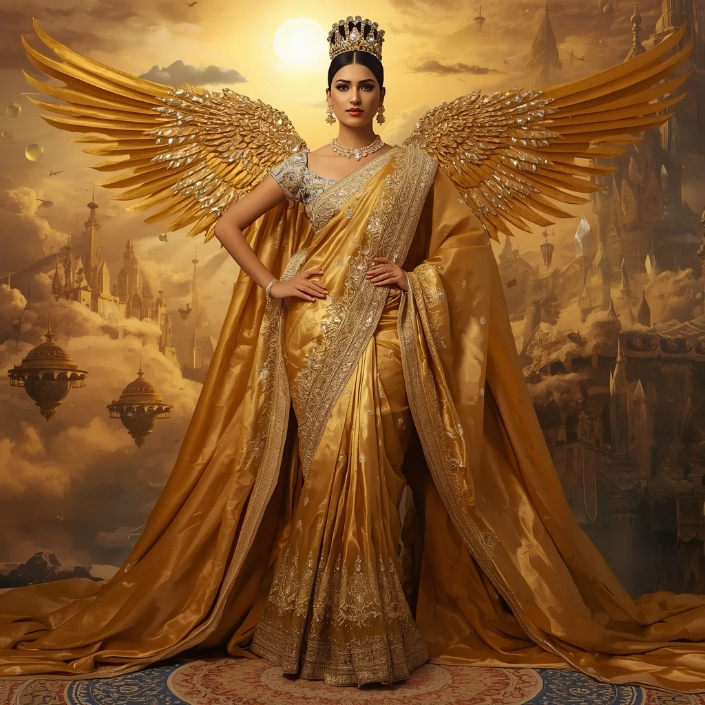 Giant Luxury Crystal Eagle Empress Saree with Golden Sky Citadel | Prompt Seen Girls AI Photo Editing