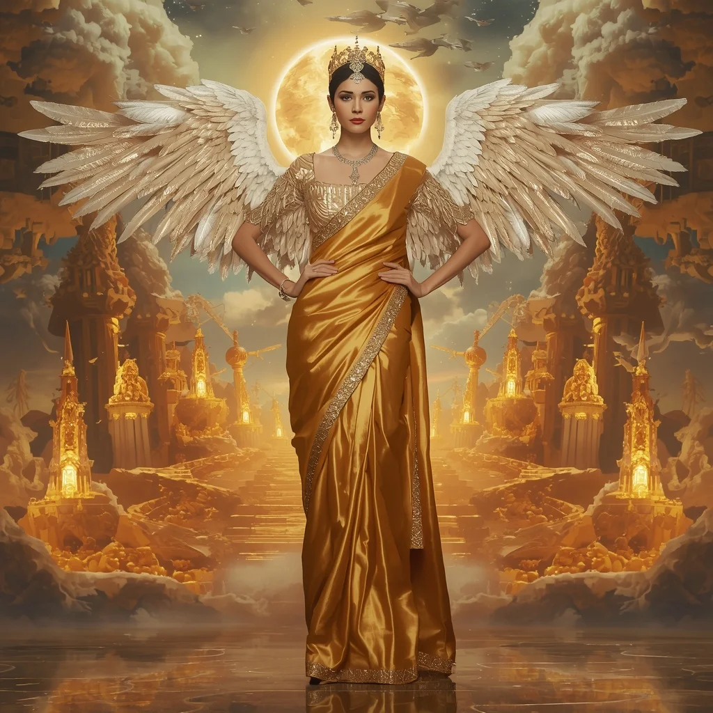Giant Luxury Crystal Falcon Queen Saree with Golden Sky Throne Empire | ChatGPT Ai Prompt