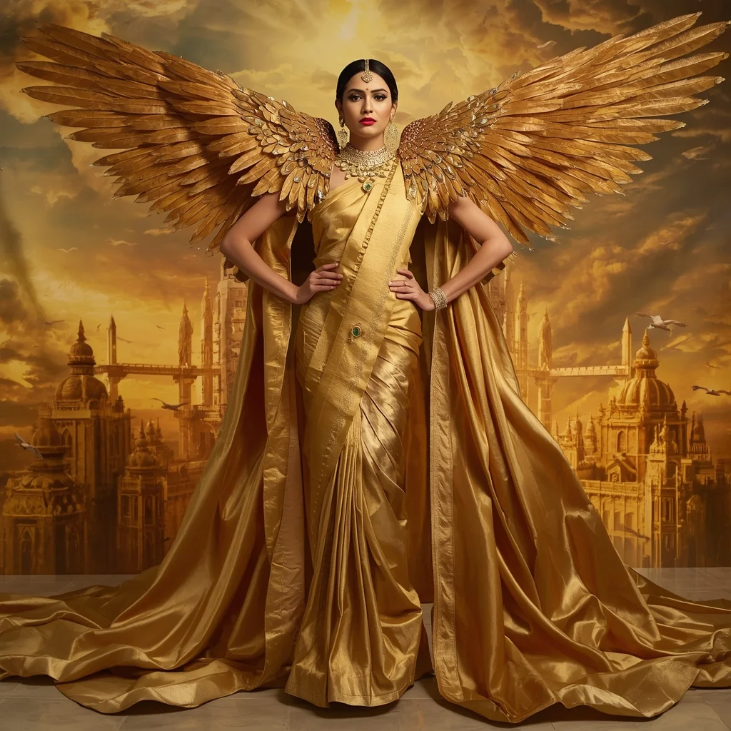 Giant Luxury Crystal Falcon Queen Saree with Golden Sky Throne Empire | Face Ai Prompt