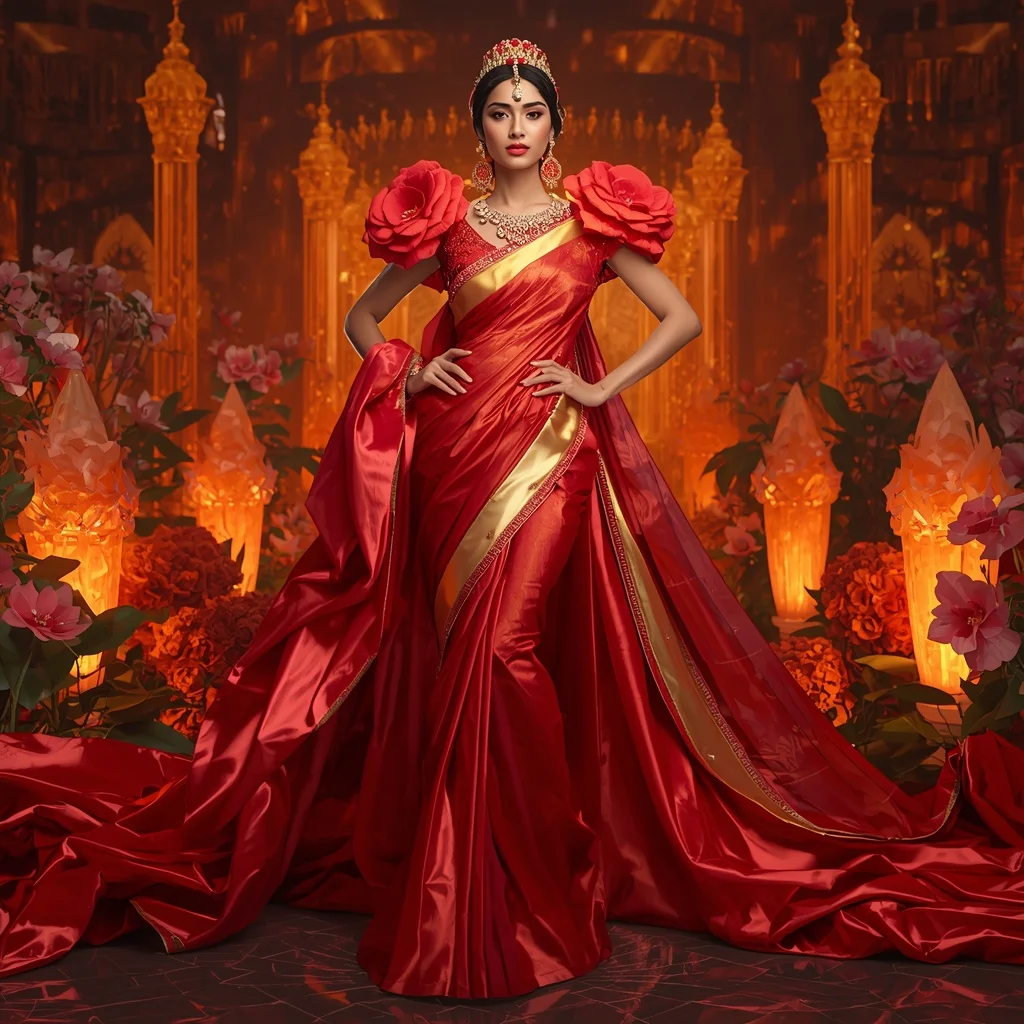 Giant Luxury Crystal Fire Camellia Saree with Ember Garden Kingdom | Female Model Ai Prompt