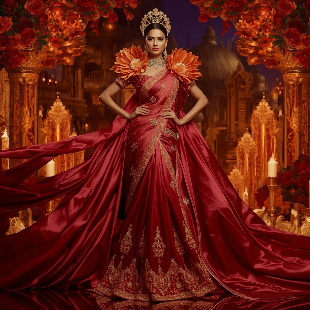 Giant Luxury Crystal Fire Dahlia Palace Saree with Ember Bloom Empire | Gemini Photo Prompt