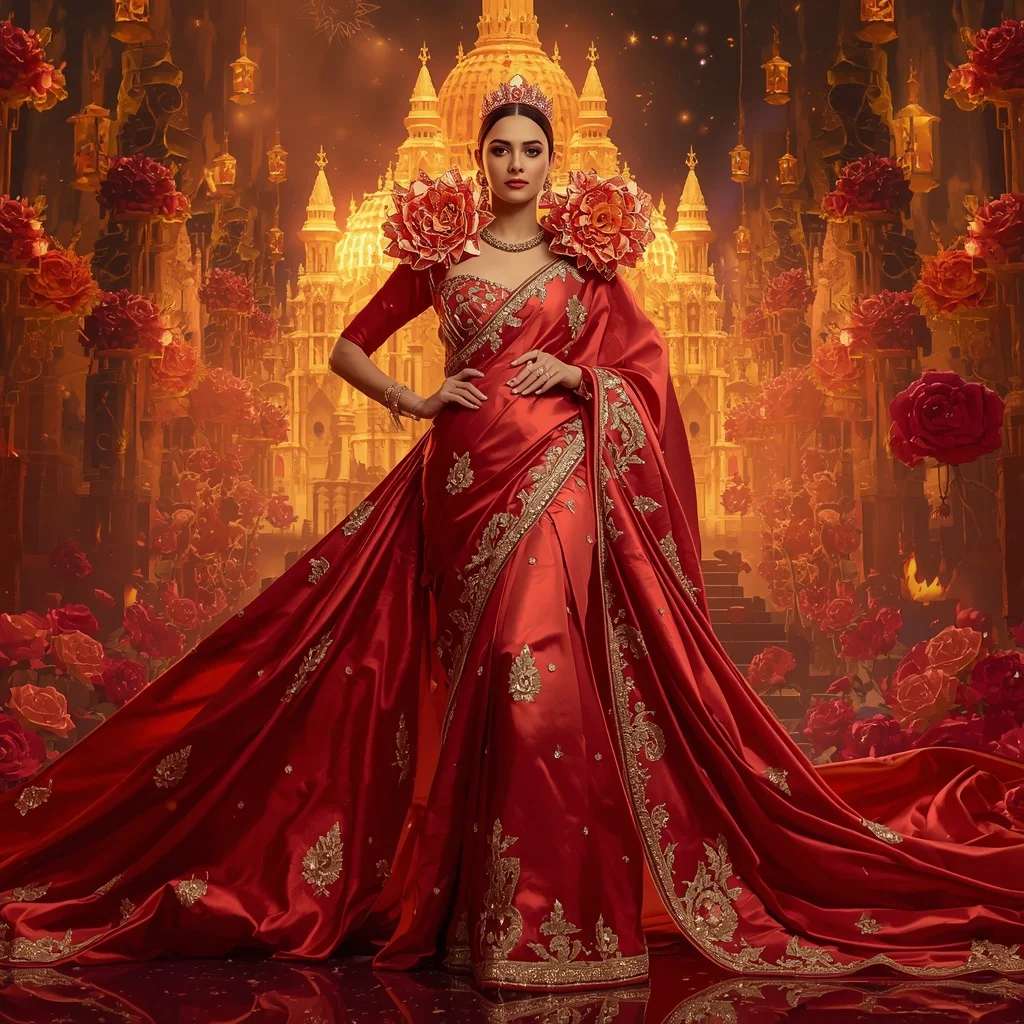 Giant Luxury Crystal Fire Rose Cathedral Saree with Ember Festival Dynasty | New Instagram Trend Prompt For Girl Love
