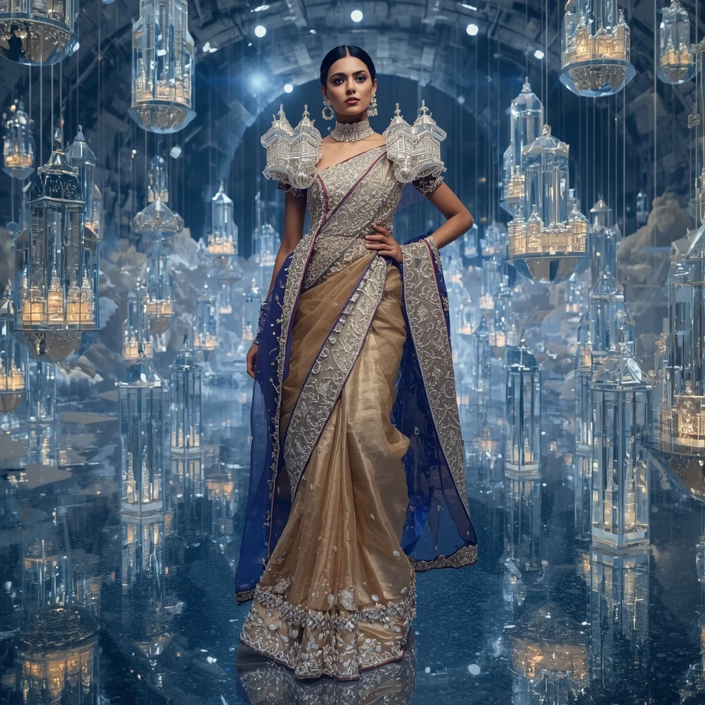 Giant Luxury Crystal Floating Crown City Saree with Sky Kingdom Architecture | Motivation Ai Prompt