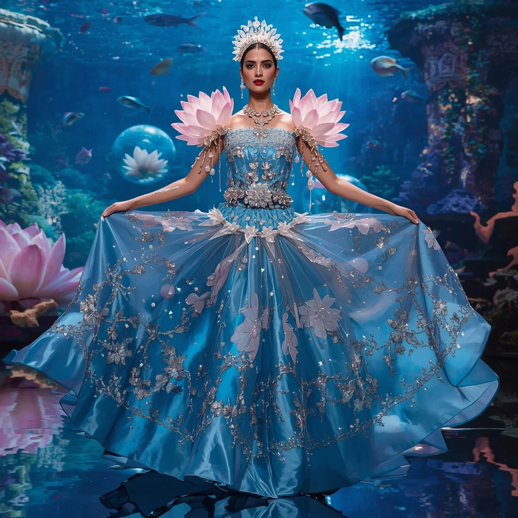 Giant Luxury Crystal Floating Lotus Aquarium Saree with Sapphire Water Empire | Chatgpt Prompt