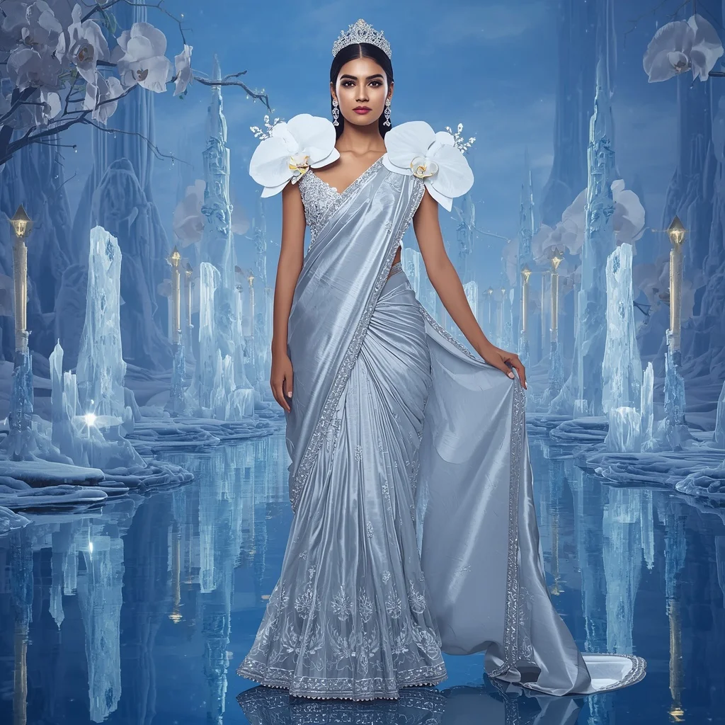 Giant Luxury Crystal Glacier Orchid Fortress Saree with Frozen Reflection Dynasty | Ai Image Prompt