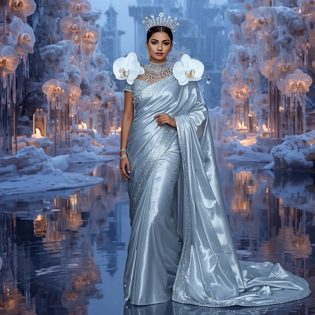 Giant Luxury Crystal Glacier Orchid Palace Saree with Frozen Reflection Dynasty | Prompt Seen Horror Girl