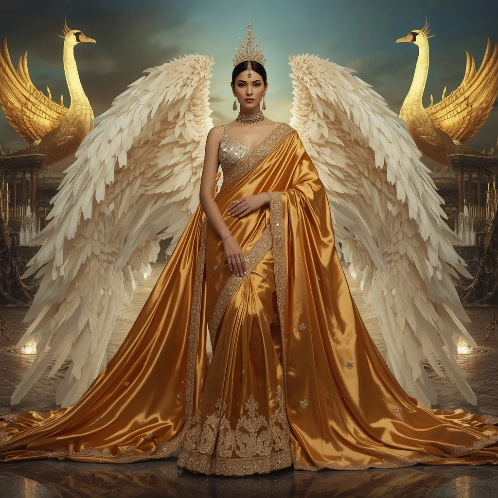 Giant Luxury Crystal Golden Swan Fortress Saree with Celestial Royal Capital | 3d Animation Ai Prompt