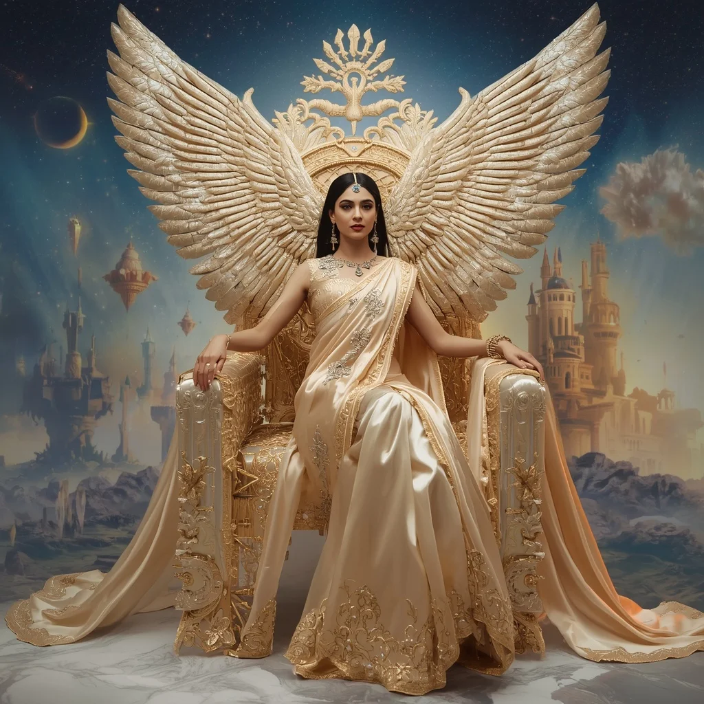 Giant Luxury Crystal Griffin Throne Saree with Celestial Sky Empire | Character Design Ai Prompt