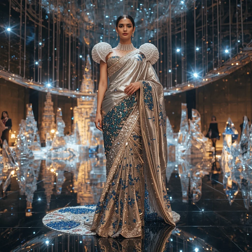 Giant Luxury Crystal Infinity Bridge Saree with Floating Sky Metropolis | Prompt Engineering