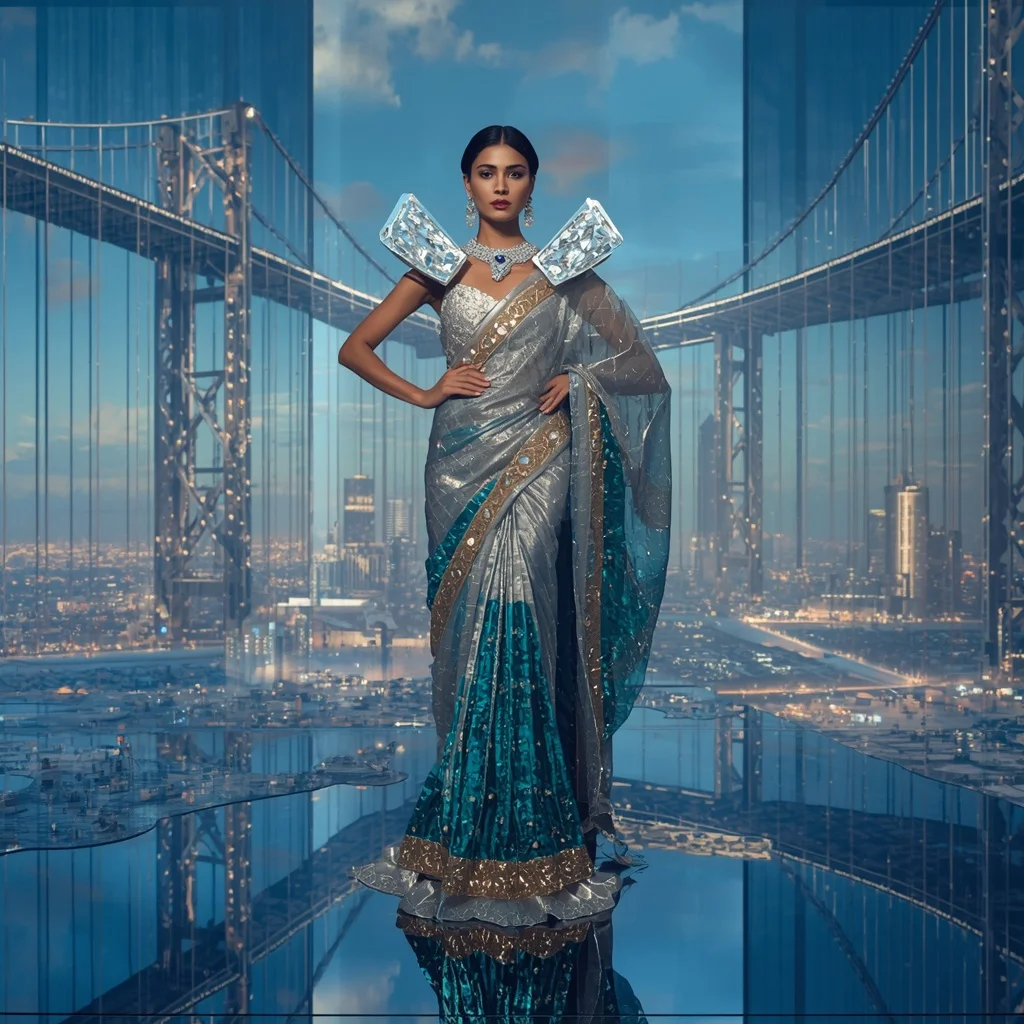 Giant Luxury Crystal Infinity Bridge Saree with Floating Sky Metropolis | Gemini Ai Photo